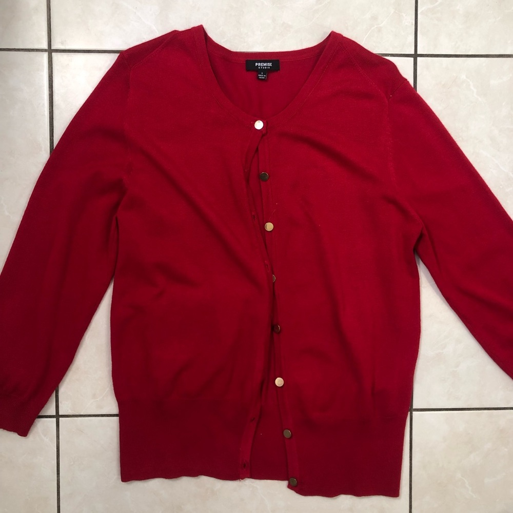 Red Cardigan with Gold Buttons